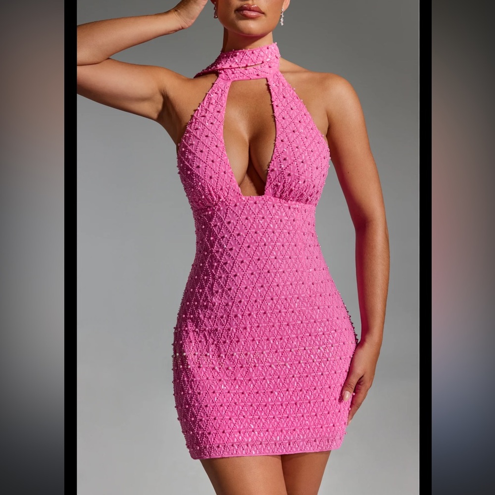 Oh Polly Henrietta Sequin Scarf-Detailed Halter Mini Dress Pink